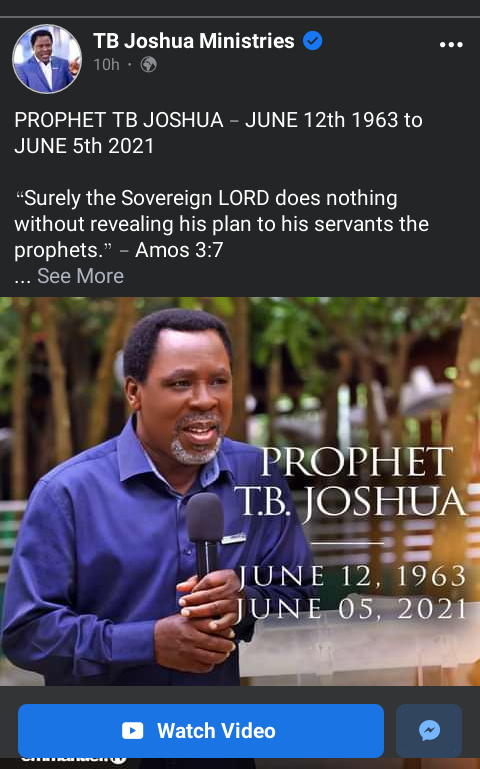 Prohet TB Joshua Dies @ 57 - SMILEHOPEGO